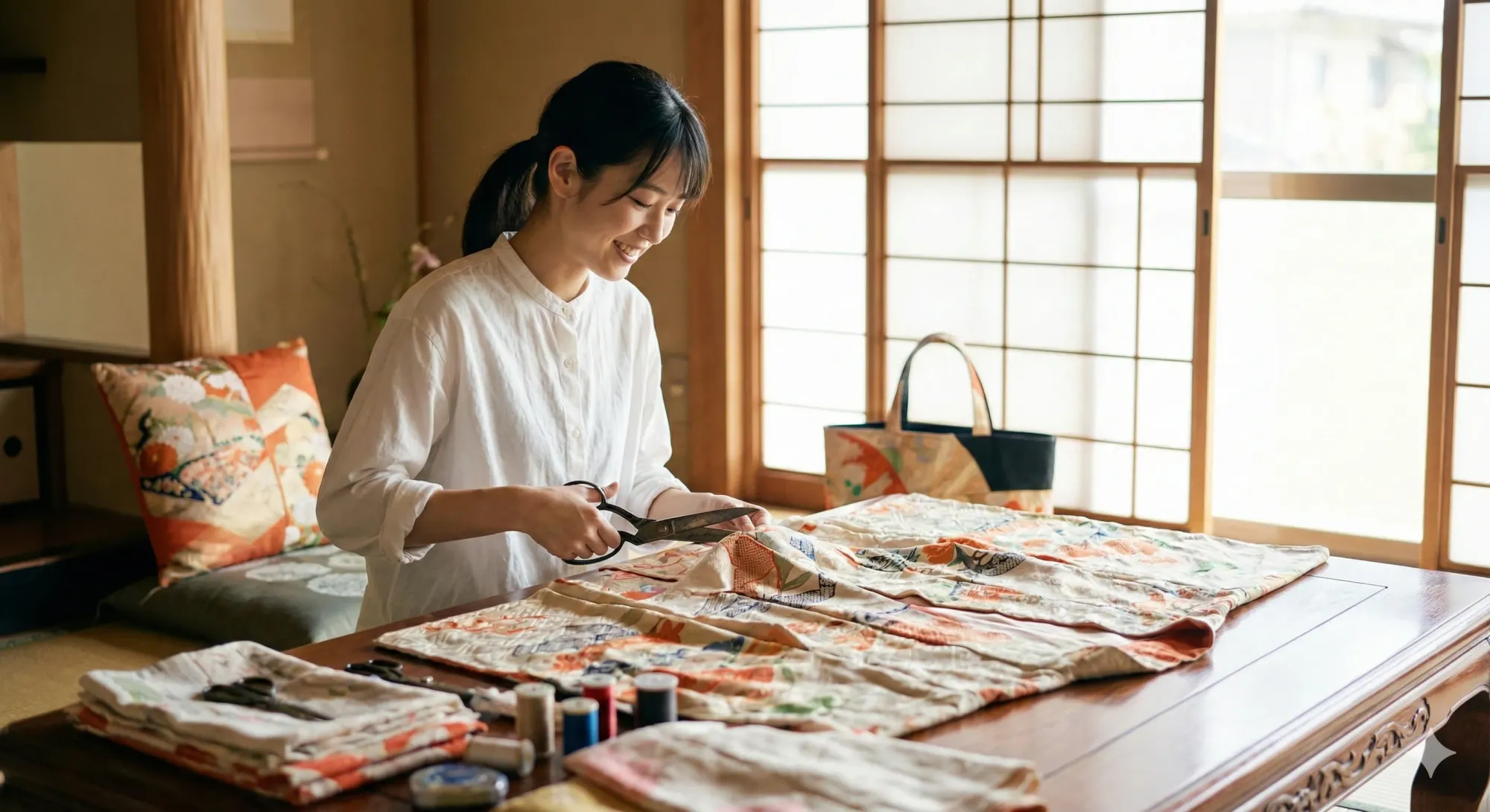 タンスに眠っていた着物を、ハサミを入れて生活に戻す
