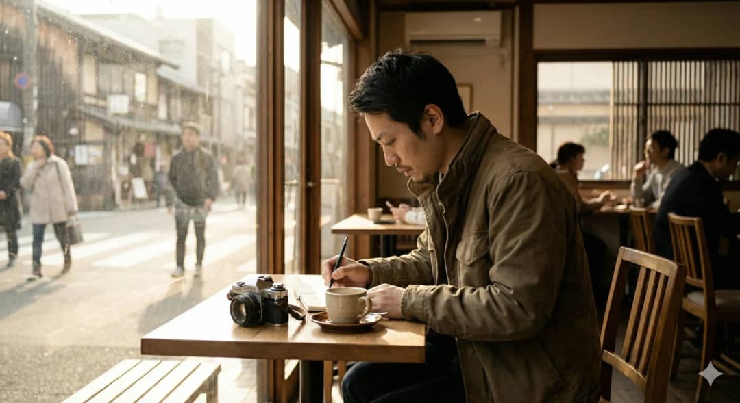 カフェの道路沿いの席で何かを書いている男性