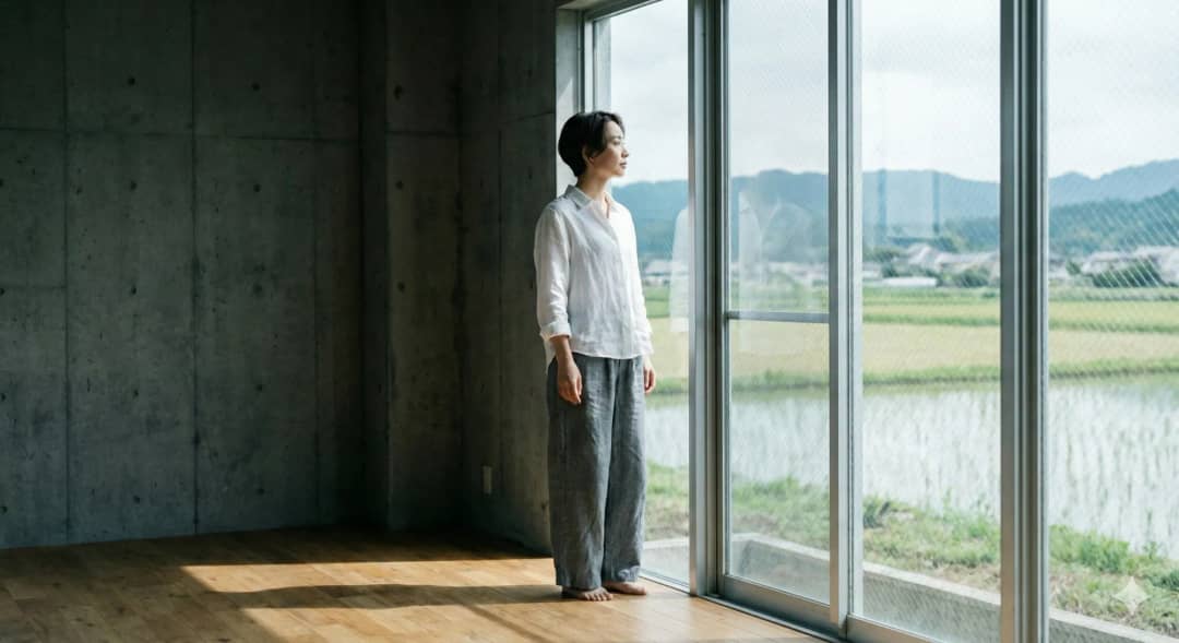 女性がものが少ない部屋の中で立って外を眺めている様子