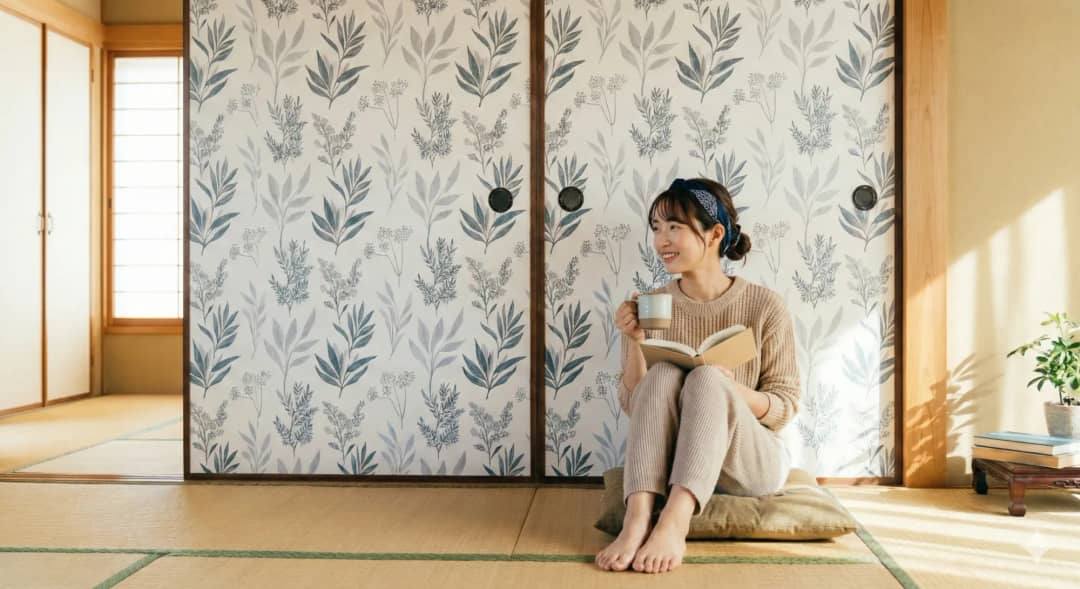 多くのふすま枠は黒や茶色ですが、白い壁紙を貼ったときにこの枠が黒いままだと、コントラストが強すぎて「和」の印象が残ります。