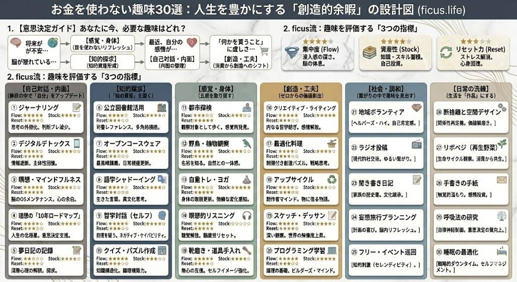 お金を使わない趣味30選|消費から「創造」へ。人生の余白を豊かにする究極の設計図