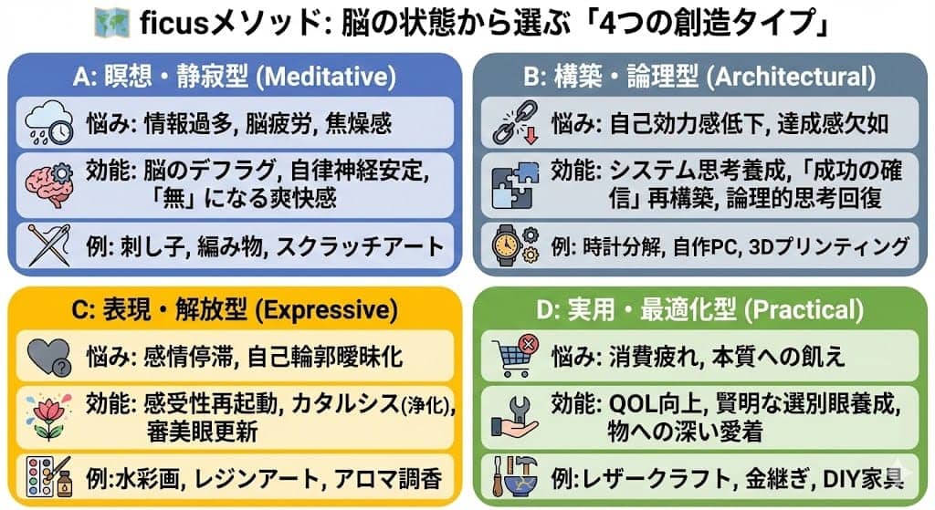 今のあなたの精神状態に最適な趣味を選ぶための地図(ポジショニングマップ)です。