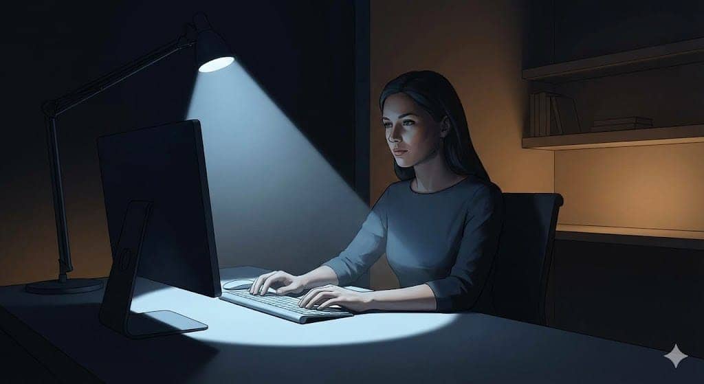 作業面だけをスポットライトで浮き上がらせ、周辺の照度を一段落とす。