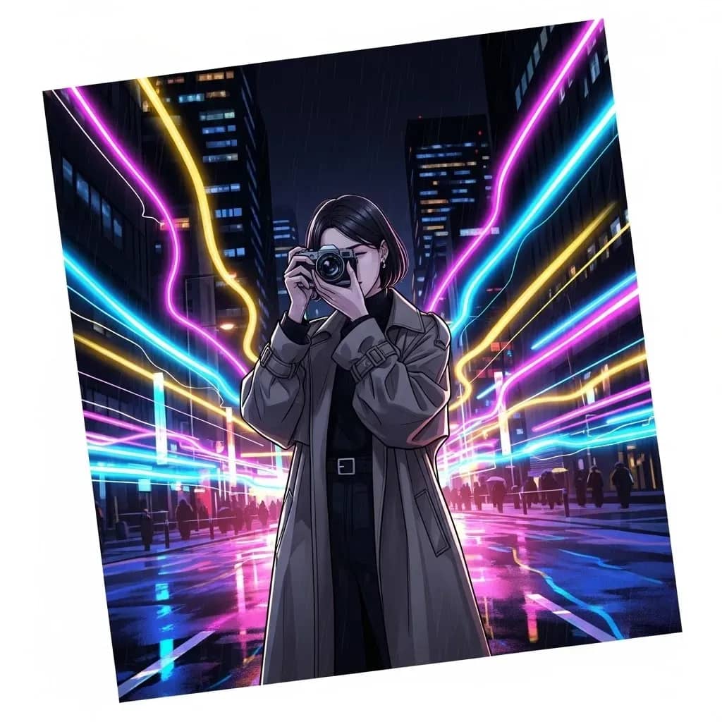 夜の都会の中で写真を撮影しようと構えている女性