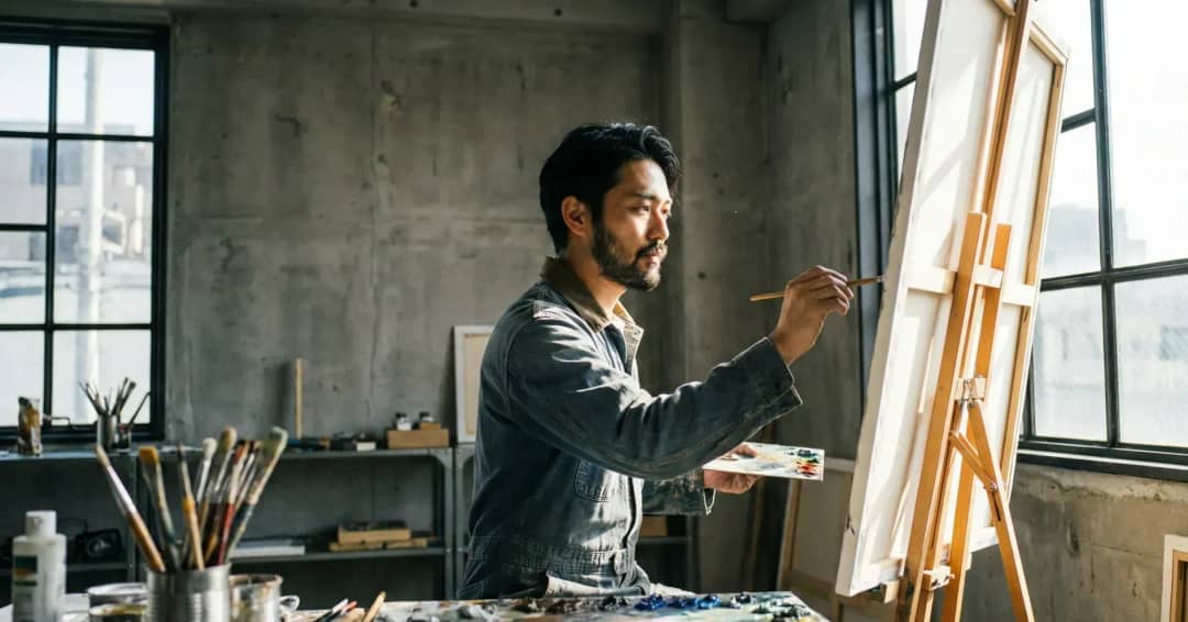 自宅のアトリエで油絵を描いている男性