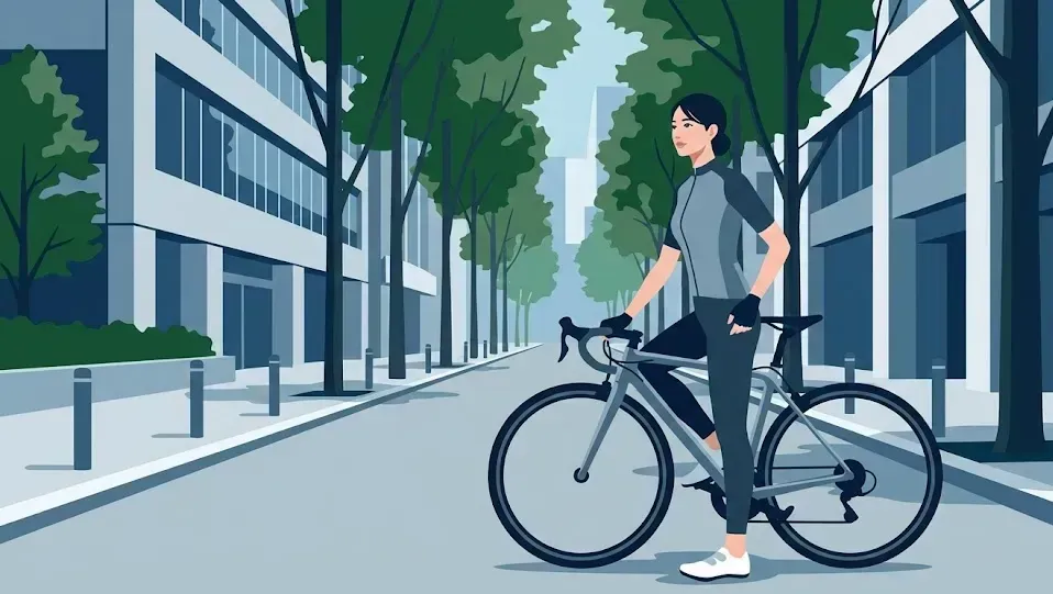 街中でサイクリングを一生物の趣味として楽しんでいる女性
