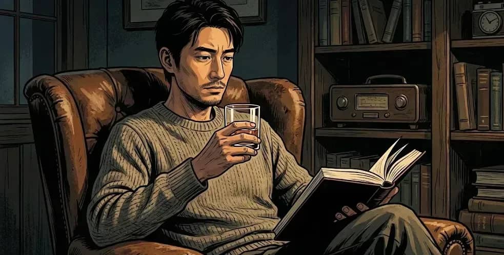 薄暗い自宅で一生物の趣味として読書をお酒を飲みながら楽しんでいる男性