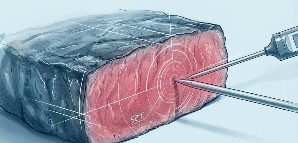 ステーキの内部温度を精密な計測器で計測している