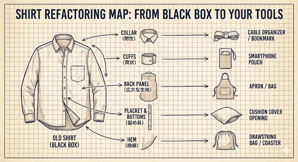 ワイシャツを部位ごとに分けて眺めた図。襟、袖口、背中、ボタン、裾がそれぞれ別の道具に変わる。