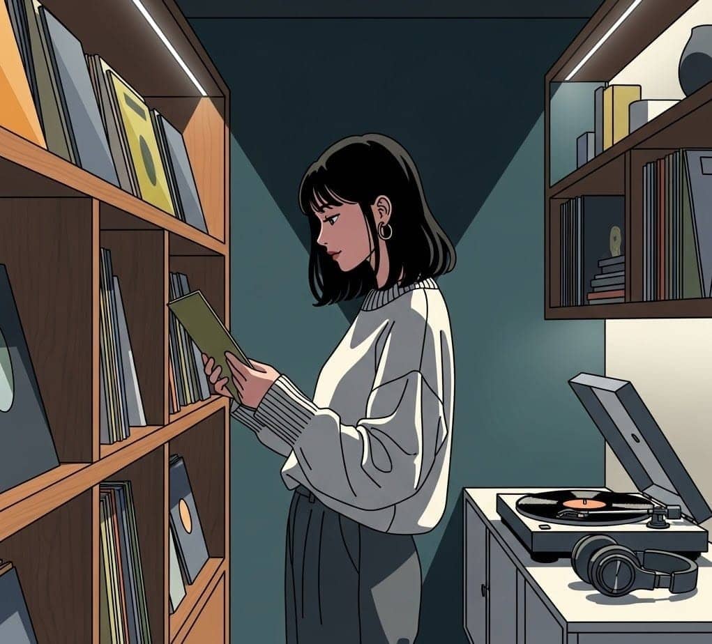 自宅で趣味のレコードを選んでいる女性