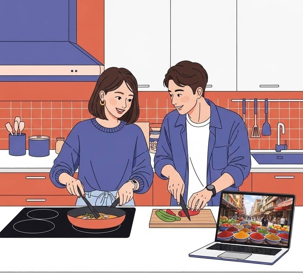 PCでレシピを参考にしながら料理をする夫婦