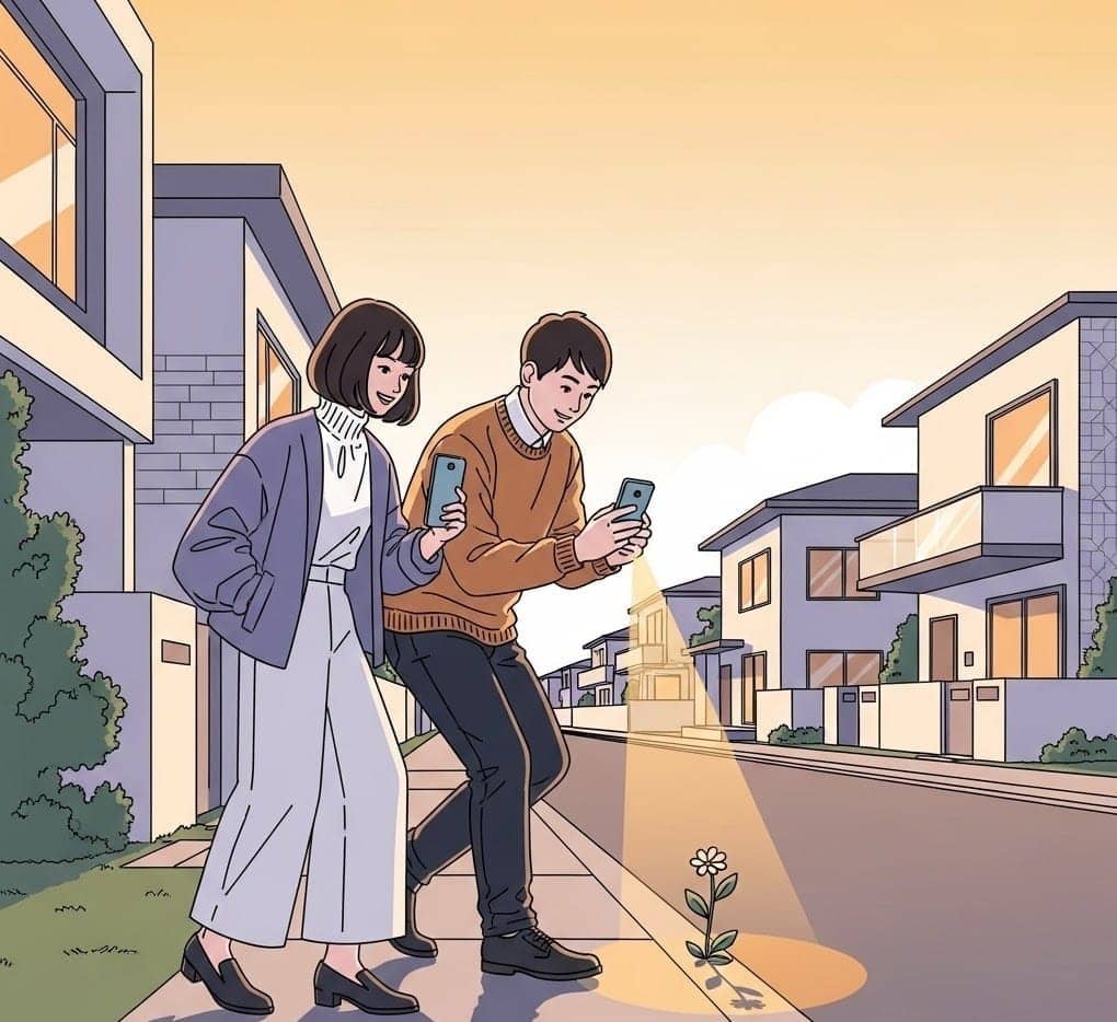 夕暮れの住宅街で道端の花をスマホで撮影している様子