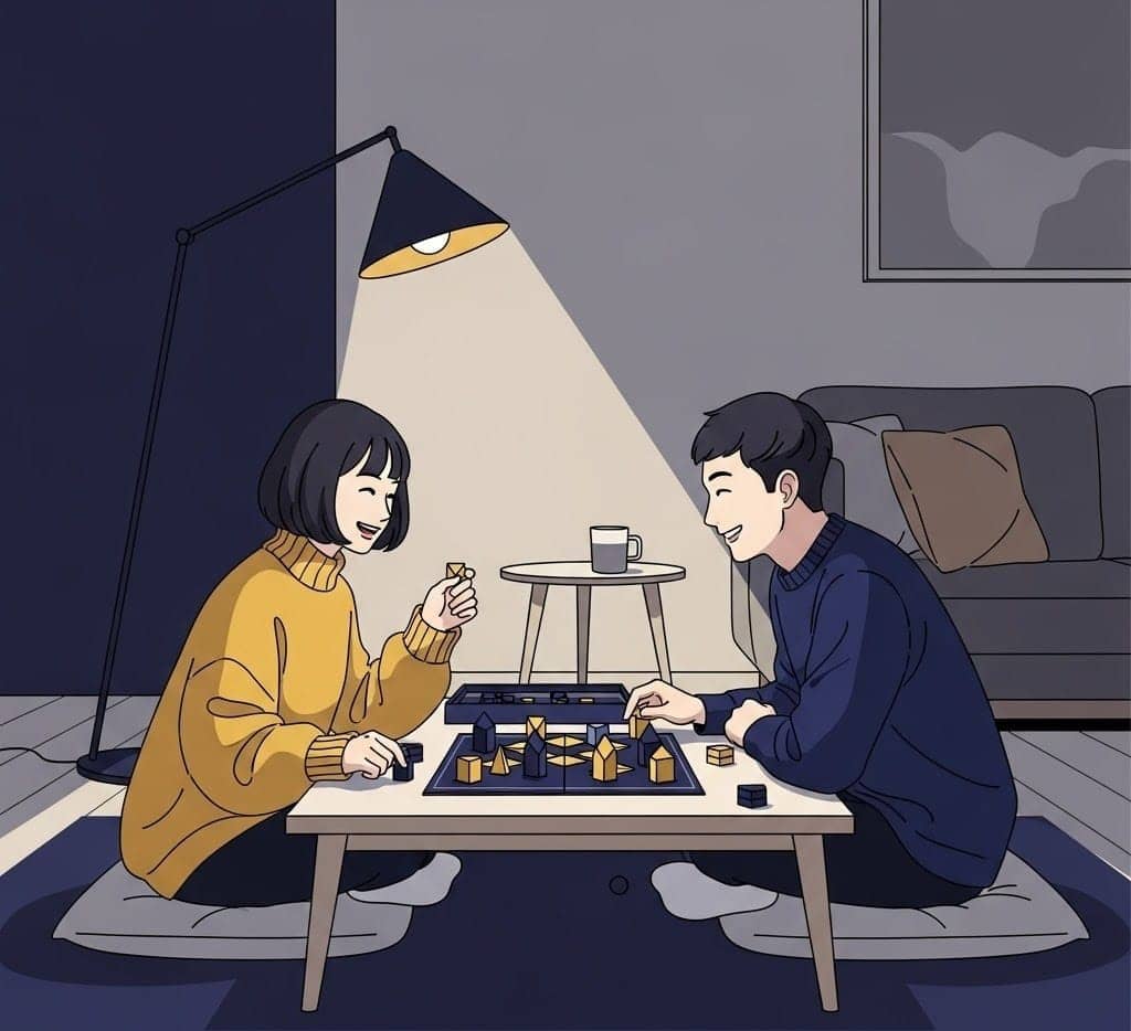 夜、ボードゲームで遊ぶ様子