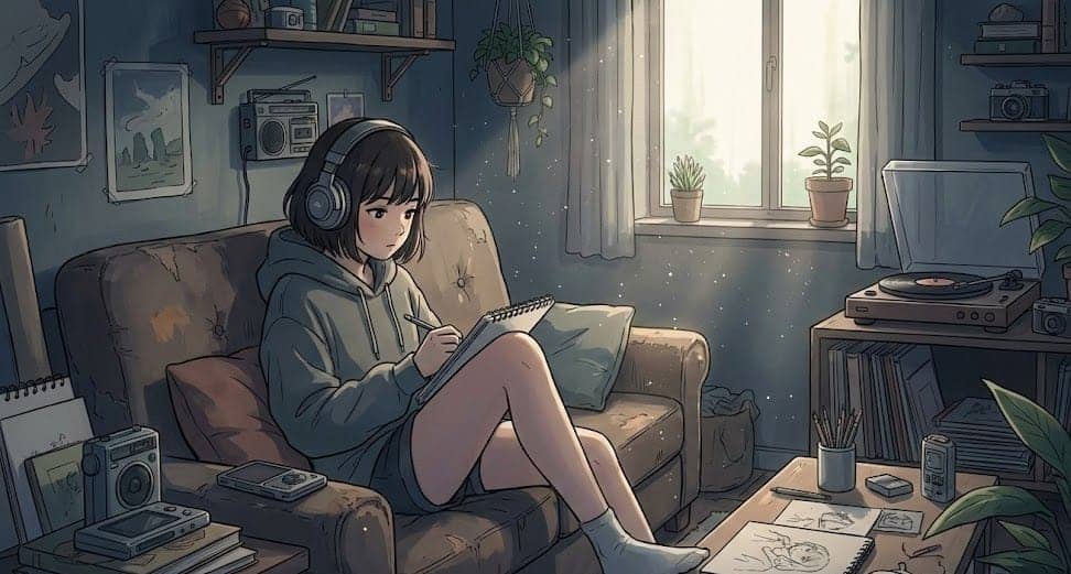 自宅でヘッドホンで音楽を聴きながらイラストを描いている様子