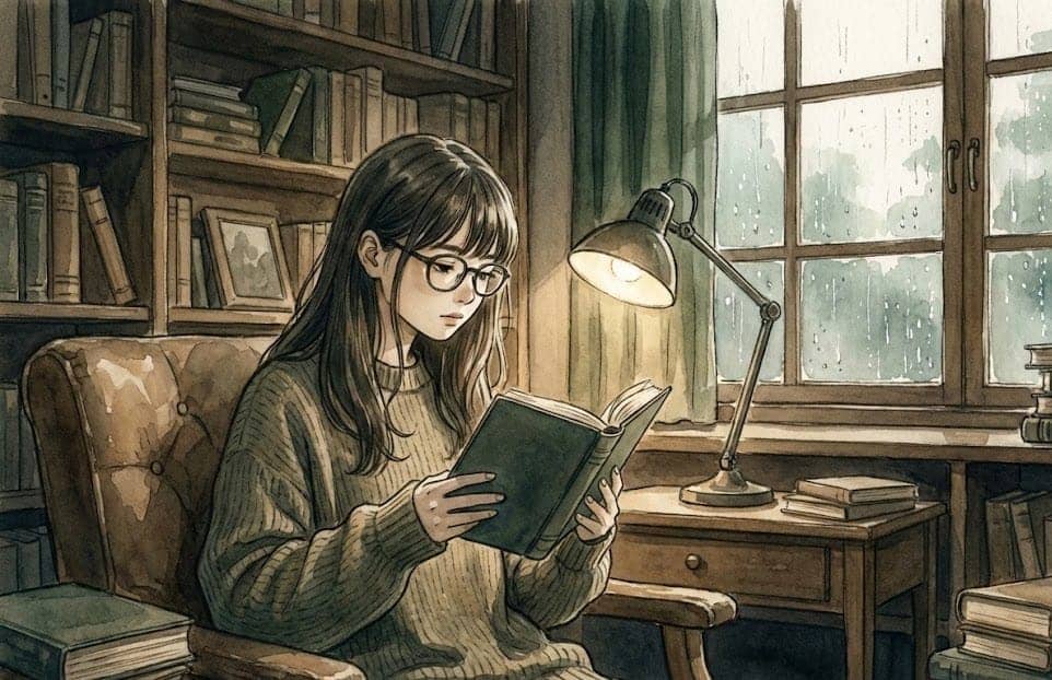 雨の降る日、自宅で本を読んでいる