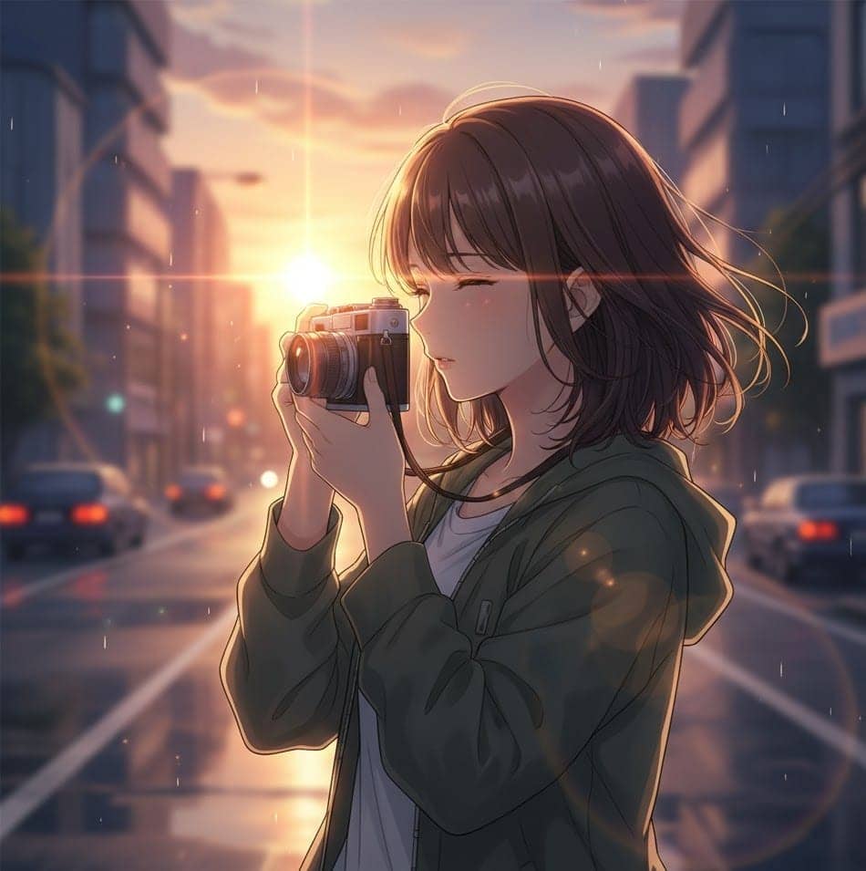 夕暮れ時、屋外で古いカメラで写真を撮っている