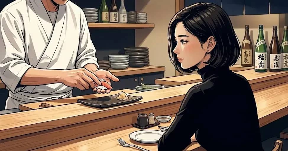 寿司屋で食事をする女性
