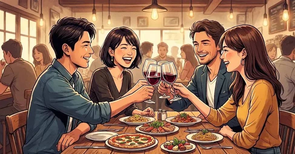 レストランで乾杯する4人