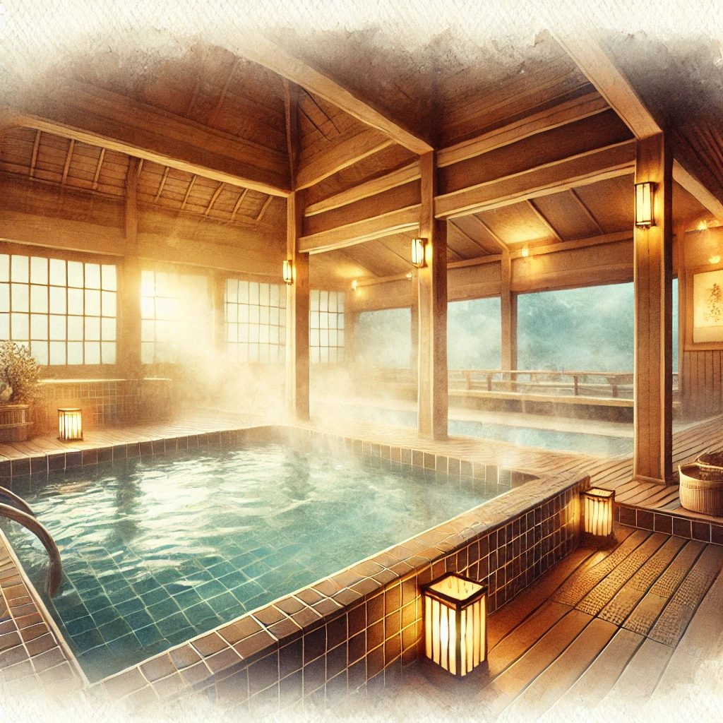 DALL·E 2025 02 02 11.57.19 A peaceful indoor onsen bath with soft lighting wooden interiors and steam gently rising from the mineral rich water. The atmosphere is tranquil an