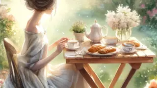 DALL·E 2025 02 02 12.13.21 A semi realistic watercolor illustration of a slender person enjoying an outdoor tea party in a spring garden. The person is sitting at a small wooden