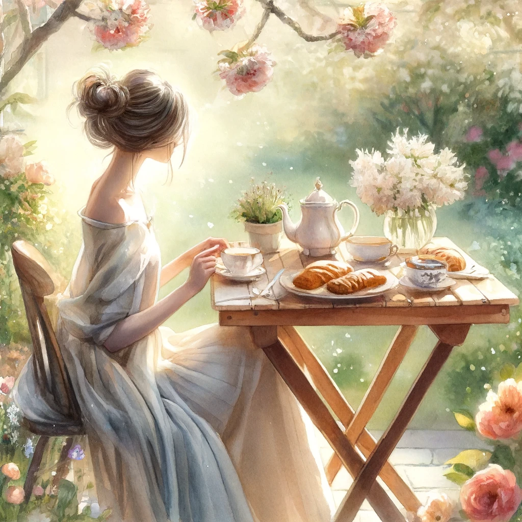 DALL·E 2025 02 02 12.13.21 A semi realistic watercolor illustration of a slender person enjoying an outdoor tea party in a spring garden. The person is sitting at a small wooden