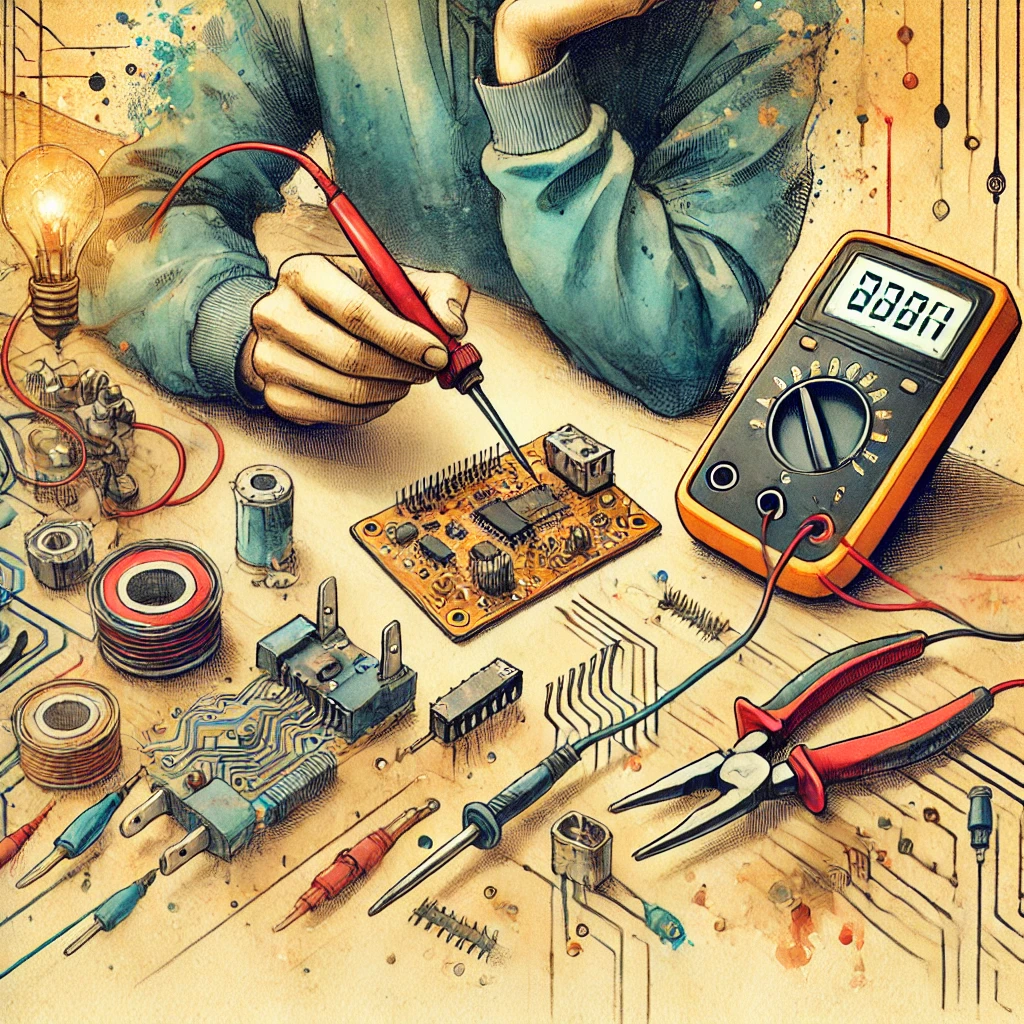 DALL·E 2025 02 08 10.59.23 A stylish watercolor illustration of a person working on an electronic circuit. The person is soldering a small circuit board surrounded by tools li