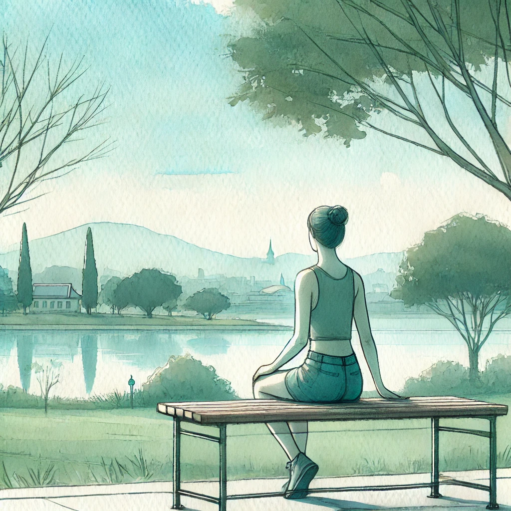 DALL·E 2025 02 08 11.29.46 A slim person sitting on a bench in a peaceful park looking out over the scenery with calm reflection. Watercolor style light pastel colors soft gr