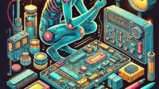 DALL·E 2025 02 08 14.32.15 A stylish and bright watercolor illustration of a thin person assembling a cyberpunk inspired gadget. The scene features glowing neon lights old elec