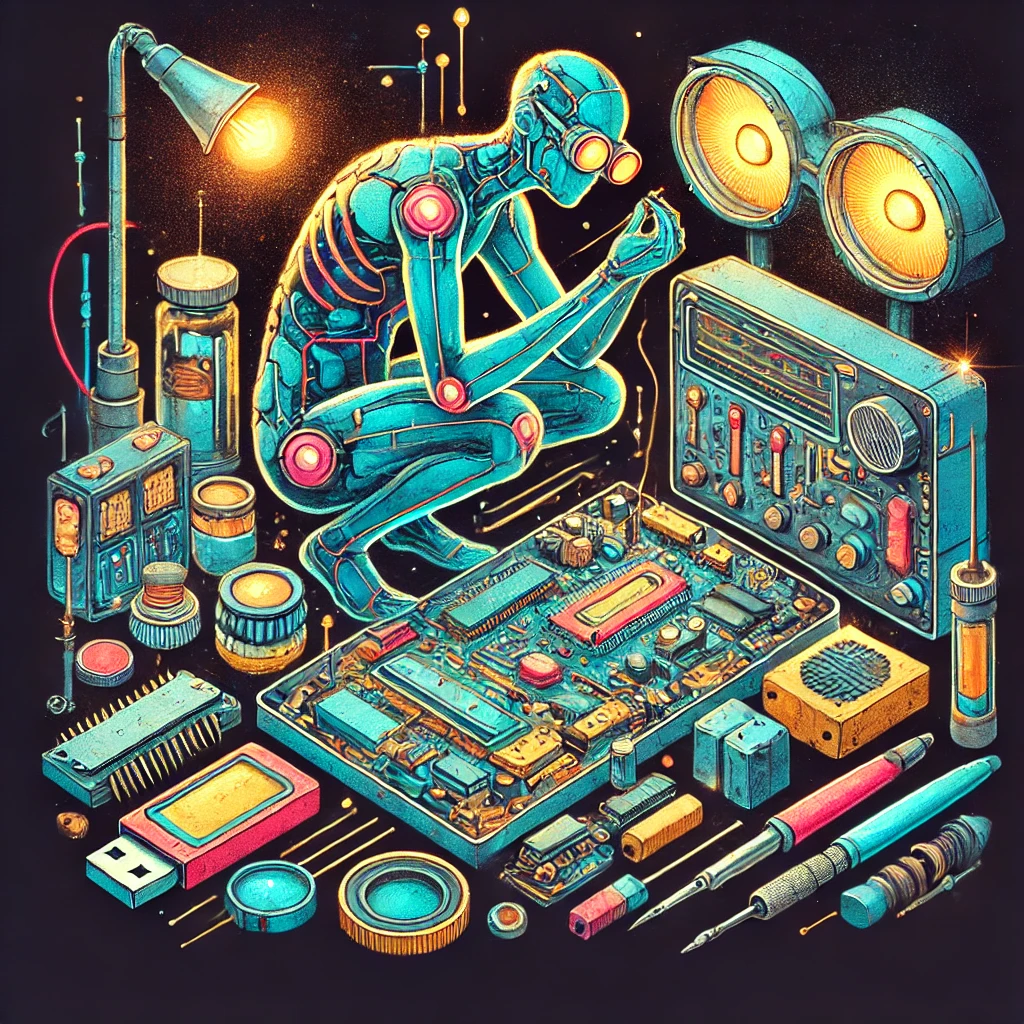 DALL·E 2025 02 08 14.32.15 A stylish and bright watercolor illustration of a thin person assembling a cyberpunk inspired gadget. The scene features glowing neon lights old elec