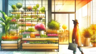 DALL·E 2025 02 08 21.10.51 A stylish garden shop exterior in a bright watercolor style. The scene is vibrant with highlighted colors featuring a modern urban garden shop. A sl