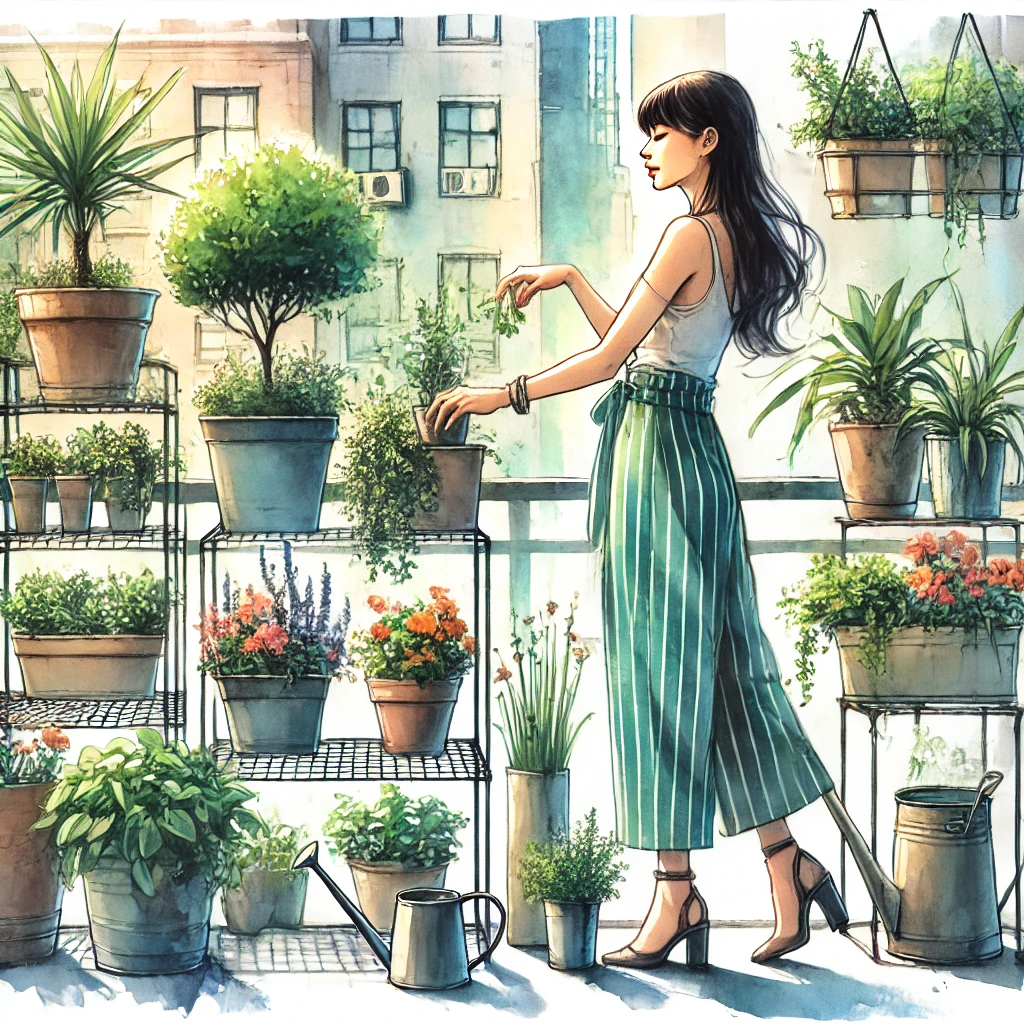 DALL·E 2025 02 08 22.08.57 A stylish and bright watercolor illustration featuring a slender Japanese woman in her 30s gracefully arranging a variety of planters in an urban bal