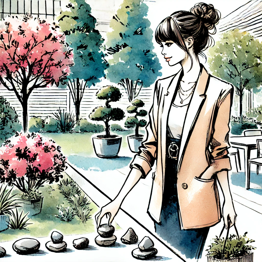 A-stylish-and-elegant-30-year-old-Japanese-woman-in-a-bright-high-contrast-watercolor-painting-style.-The-woman-is-arranging-decorative-garden-stones