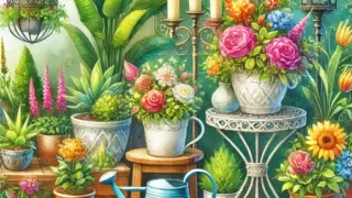 DALL·E 2025 02 10 05.57.28 A stylish and vibrant watercolor painting of a beautiful garden with colorful gardening ornaments plants and decorative accessories. The scene is br